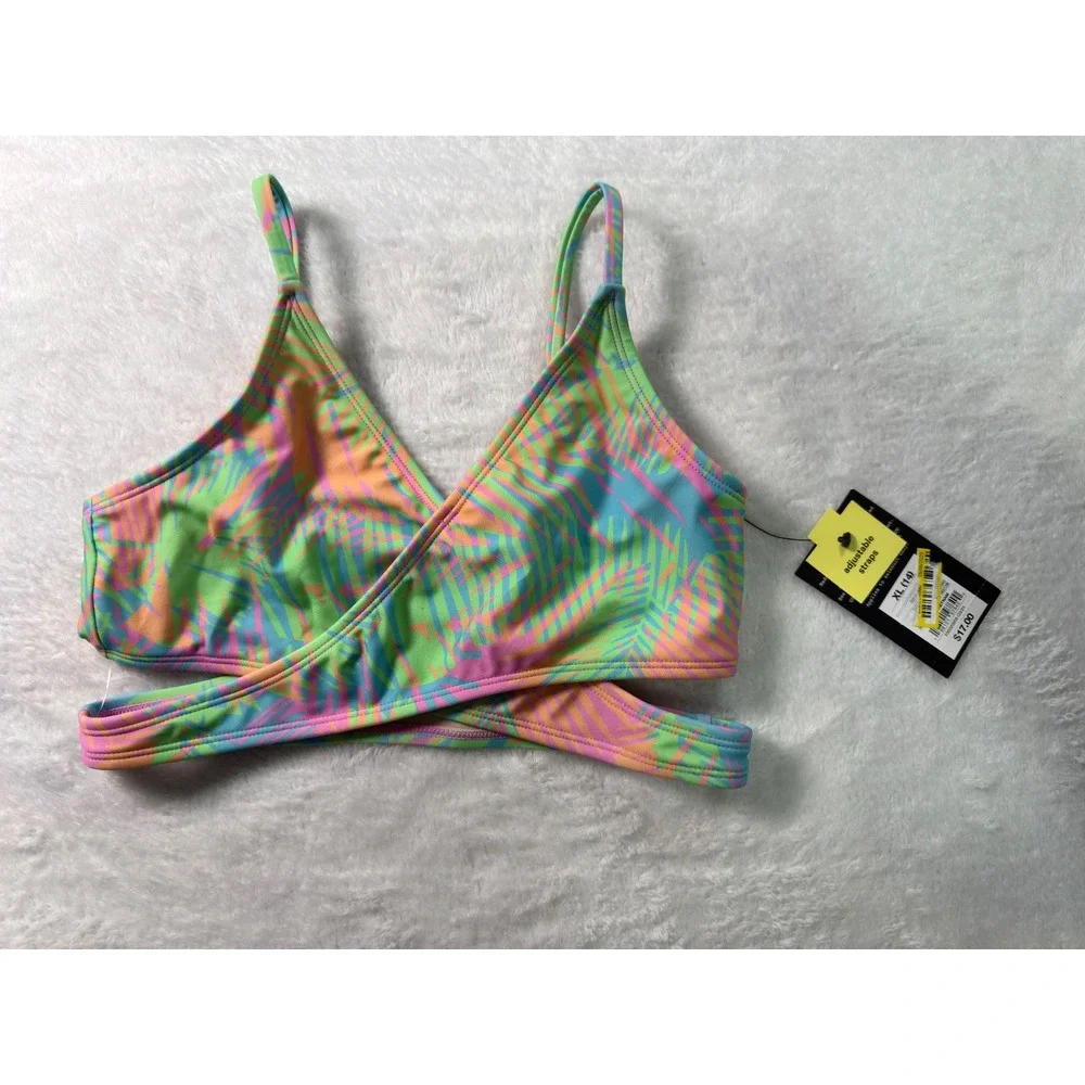Art‎ Class Girls Palm Leaf Print Wrap Bikini Top Swimsuit XL 14 Rainbow Neon